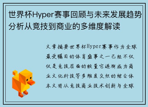 世界杯Hyper赛事回顾与未来发展趋势分析从竞技到商业的多维度解读