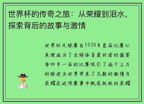 世界杯的传奇之旅：从荣耀到泪水，探索背后的故事与激情